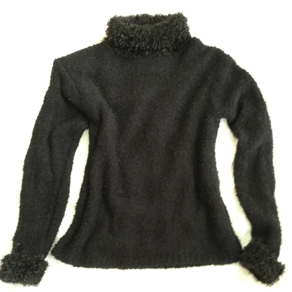 Fun Black Sweater with Eyelash Neck and Cuffs